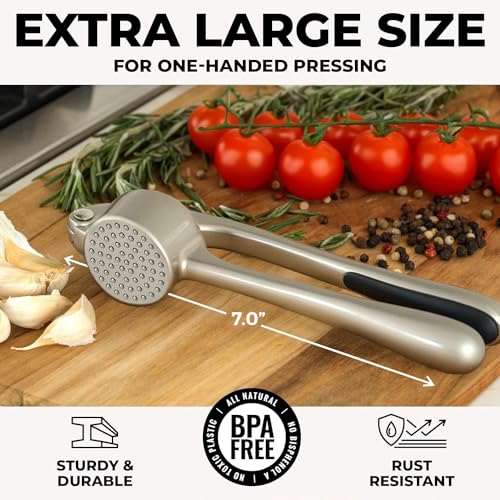 Zulay Kitchen Premium Garlic Press Set - Rust Proof & Dishwasher Safe Professional Garlic Mincer Tool - Easy-Squeeze, Easy-Clean with Soft, Ergonomic Handle - Silicone Garlic Peeler & Brush (Chrome)