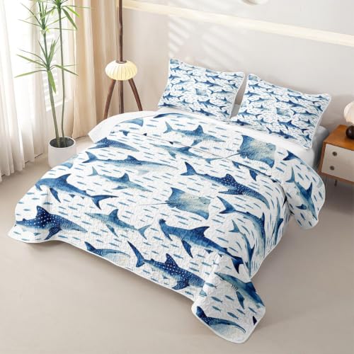 Twin Size Blue Shark and Stingray Quilt Set - Ocean Animal Bedspread for Kids, Blue & White