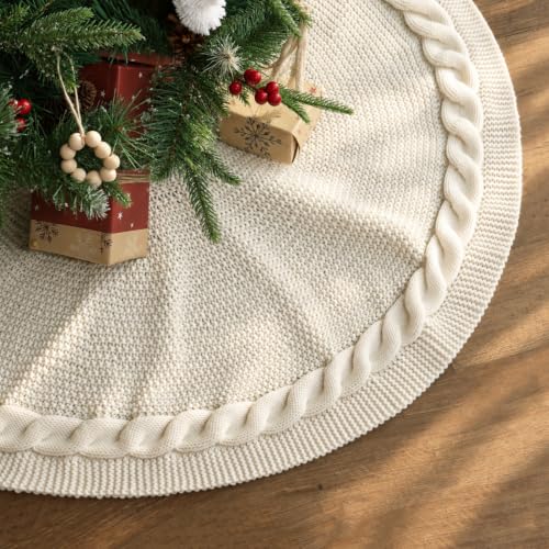 Small Cable Knit Christmas Tree Skirt - Neutral Cozy Holiday Decor