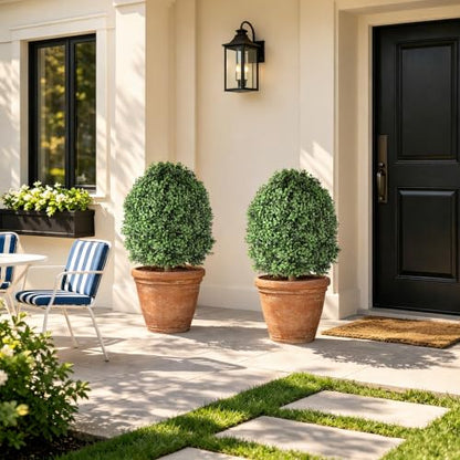Artificial Boxwood Topiary Bush Set - 2 Pack 27 Inch Outdoor Faux Greenery with Metal Ground Spikes