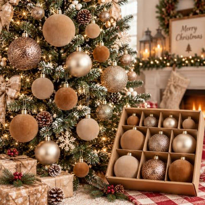 Neutral Christmas Ball Ornaments Set - Vintage Mocha Brown Velvet, Gold Variation