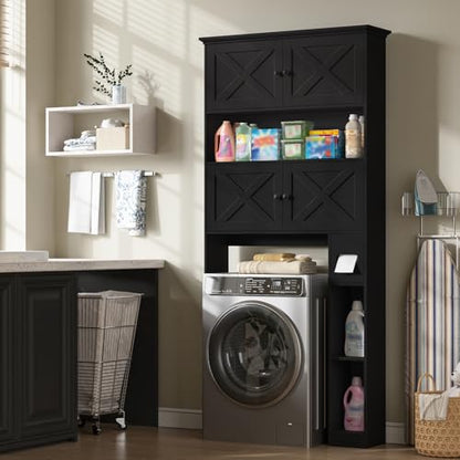 Over Toilet Storage Cabinet with Doors & Paper Holder, Black - Space Saving Bathroom Organizer