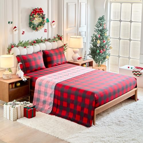 Christmas Gingham Bedding Set with Comforter Sheets Pillowcases Queen 7 Pieces - Red Gray Deer Snowflake