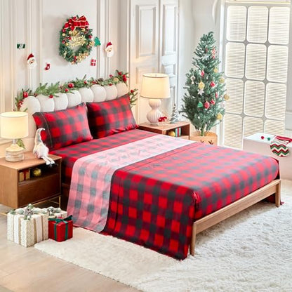 Christmas Gingham Bedding Set with Comforter Sheets Pillowcases Queen 7 Pieces - Red Gray Deer Snowflake