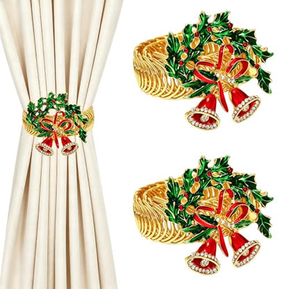 Christmas Holly Curtain Tiebacks with Jingle Bells - 2 Pack
