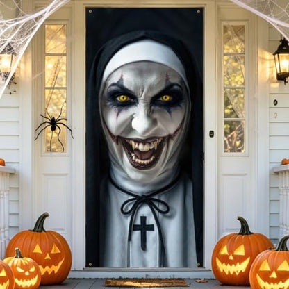 White Black Scary Nun Halloween Door Cover 79x35 in Creepy Nun Face Tapestry - Variation of THIS listing
