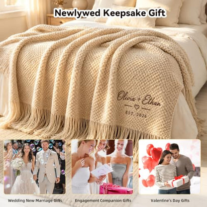 Personalized Couples Blanket with Embroidered Names & Date - Wedding Gift, Cozy Throw for Bed & Sofa