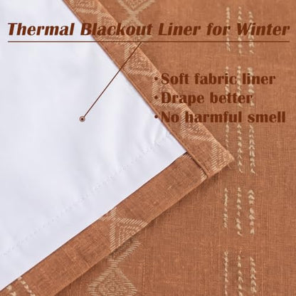 Terracotta Boho Blackout Curtains Set - 50W x 84L, 2 Panels, Vintage Floral Farmhouse Style, Linen Cotton Blend, Autumn Rust Orange Pattern, Autumn Drapes