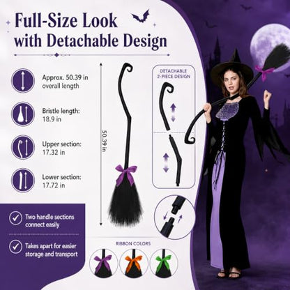 Halloween Witch Broomstick with 3 Ribbons - 50 Inch Costume Prop & Decor Set