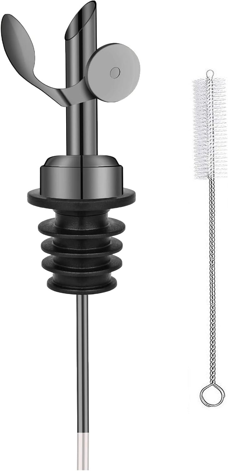 Weighted Stainless Steel Bottle Pourers, Auto Flip Feature Self Closing Olive Oil Dispenser Spout with 1 Cleaning Brush, Liquor Pour Spouts for Pours Liquid, Olive Oil, Wine, Vinegar (Black)