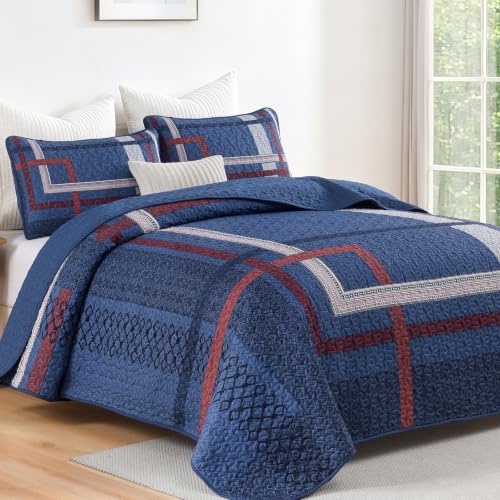 WONGS BEDDING Navy Blue Quilt Set Queen Size 3 Pieces Boho Stripe Bedspread