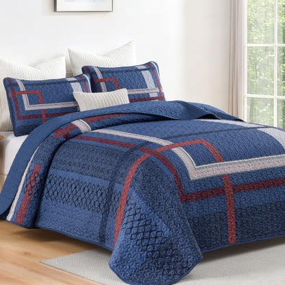 WONGS BEDDING Navy Blue Quilt Set Queen Size 3 Pieces Boho Stripe Bedspread