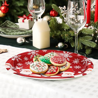 50 Pcs Christmas Paper Plates - Santa Snowflake Oval Disposable Dinnerware 12.2x10.2 Inch
