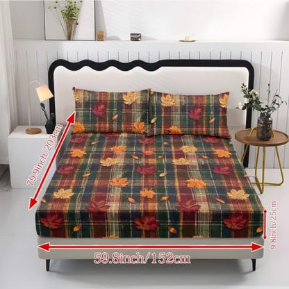 Autumn Plaid Maple Leaf Queen Fitted Sheet Set with Pillowcases - Fall Bedroom Decor