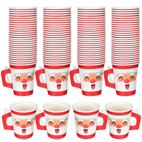 Santa Christmas Paper Coffee Cups with Handles - 100 Pcs