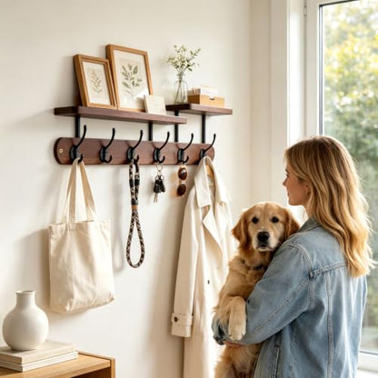 Dark Wood Wall Mount Coat Rack with 2-Tier Shelves and 6 Dual Hooks