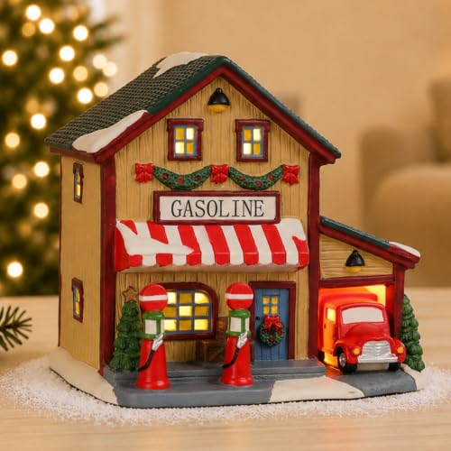 Christmas Village Houses Lighted Gas Station Ceramic Decor - Gasoline Variation