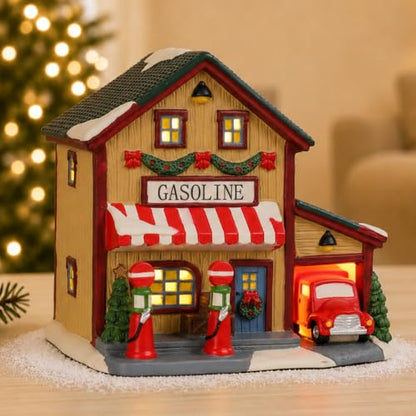 Christmas Village Houses Lighted Gas Station Ceramic Decor - Gasoline Variation