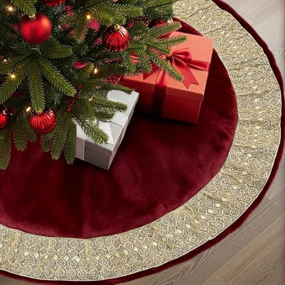 48 Inch Luxury Red Velvet Christmas Tree Skirt with Gold Glitter Trim