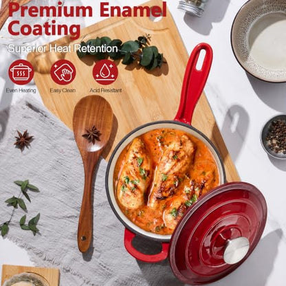E-far 1 Quart Enamel Cast Iron Sauce Pan with Lid - Red