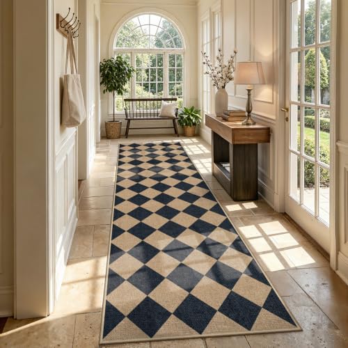 Lahome Checkered Hallway Runner Rug Non Slip 2'6" x 10' Black & Natural