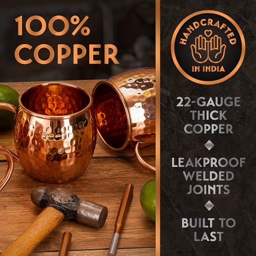 Copper Moscow Mule Mugs Set of 4 - Oval Handcrafted 16 oz Copper Cups with Straws & Coasters