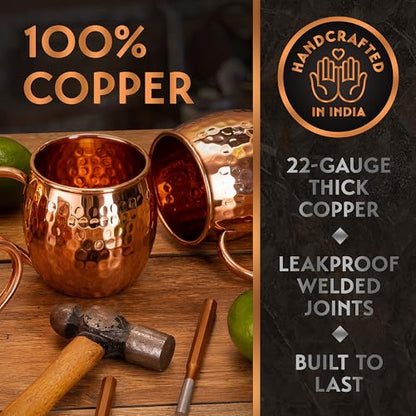 Copper Moscow Mule Mugs Set of 4 - Oval Handcrafted 16 oz Copper Cups with Straws & Coasters