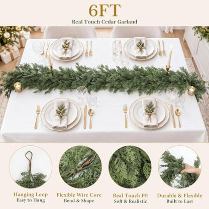 ATTGREAT 6FT Artificial Christmas Cedar Garland with Real Touch Greenery - Indoor Outdoor Decor