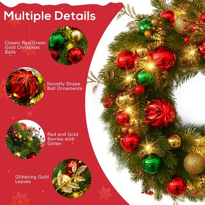 Christmas Door Wreath with LED Lights - Red Gold Green 16 Inch Holiday Decor