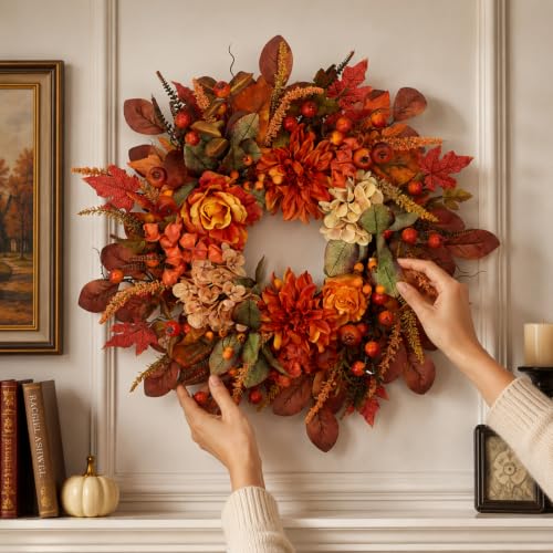 Autumn Harvest Wreath for Front Door - 26 Inch Fall Decor with Orange Dahlias & Maple Leaves