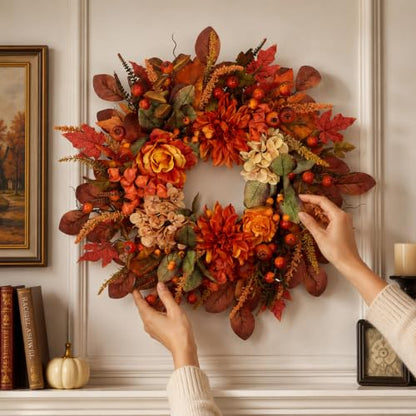 Autumn Harvest Wreath for Front Door - 26 Inch Fall Decor with Orange Dahlias & Maple Leaves