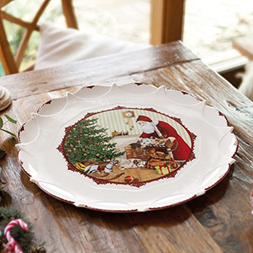 Festive Santa Pastry Plate - 11-13 Inch White Porcelain Dessert Plate with Holiday Motifs