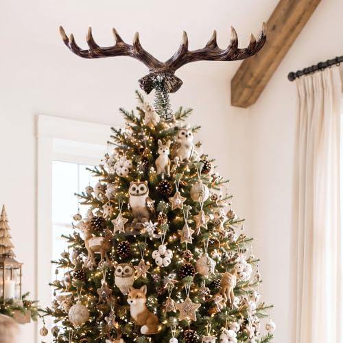 Christmas Deer Tree Topper with Antlers - Rustic Woodland 16 Inch Resin Decor