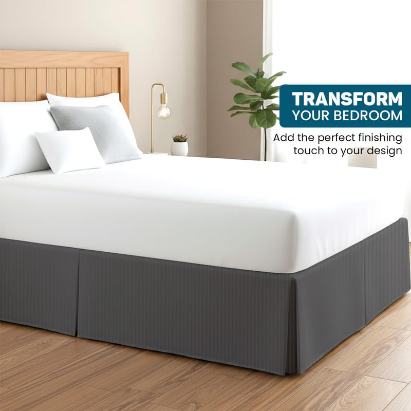 Queen Bed Skirt with Zipper Closure - 18 Inch Dust Ruffle, Dark Grey Stripe