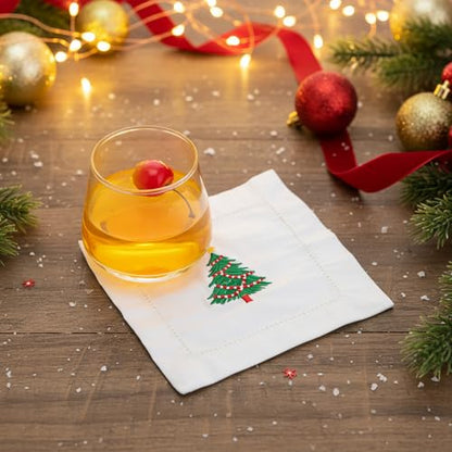 Christmas Linen Cocktail Napkins Set - Hemstitch 6 Pack - Xmas Tree Variation