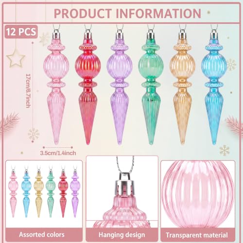 Pastel Crystal Finial Ornaments for Christmas Tree - Classic Style, 6.6 In, 12 Pcs