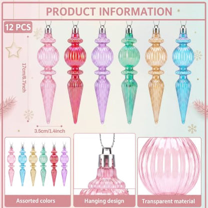 Pastel Crystal Finial Ornaments for Christmas Tree - Classic Style, 6.6 In, 12 Pcs