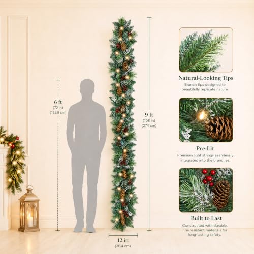 9ft Artificial Christmas Garland with Lights, Pine Cones & Red Berries