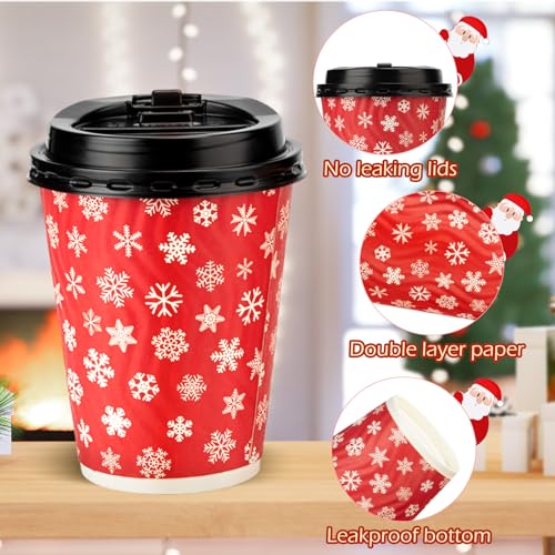 Christmas Cups with Lid 12oz Elk Snowflake Design - Pack of 100, Holiday Party Tableware