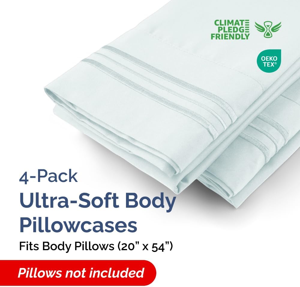 Skiennix Body Pillowcases Set of 4 | Soft, Breathable 20x54 Long Pillow Covers - Machine Washable, Fade-Free (Ice Blue)