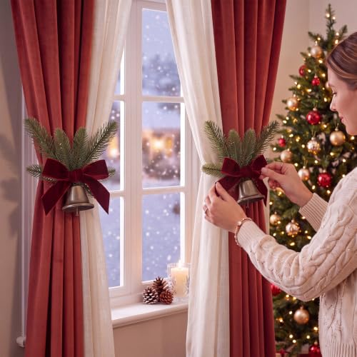 Christmas Velvet Curtain Tiebacks with Jingle Bell & Faux Pine - 2 Pack
