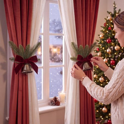 Christmas Velvet Curtain Tiebacks with Jingle Bell & Faux Pine - 2 Pack