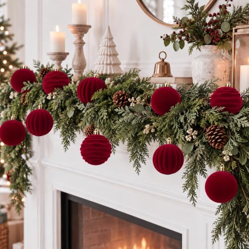 Red Velvet Christmas Ball Ornaments Set - 3.15 Inch, 16 pcs, Decorative Holiday Decor