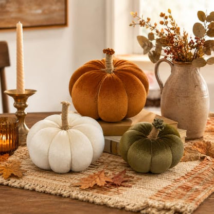 Velvet Pumpkin Set of 3 - Handmade Fall Decor for Home, Rustic Thanksgiving Centerpiece, Autumn Harvest Mantel Shelf Decorations, Orange Ivory Sage Green