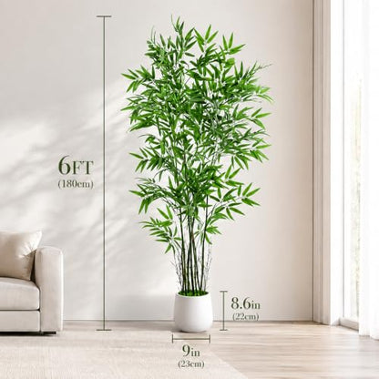6FT Artificial Bamboo Tree with Real Bamboo Trunks and Silk Leaves - Indoor Faux Plant