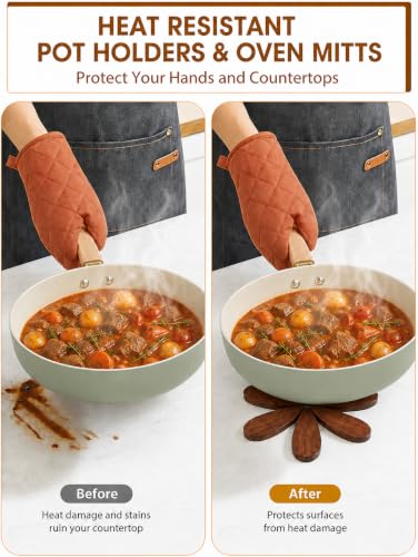Colorful Christmas Tree Coasters Set of 5 with Stand Wooden Trivets for Hot Dishes
