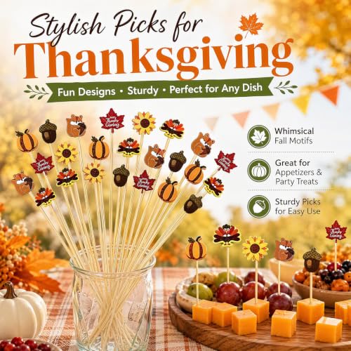 Fall Cocktail Picks Set - 100 Autumn-themed Skewers for Thanksgiving & Parties