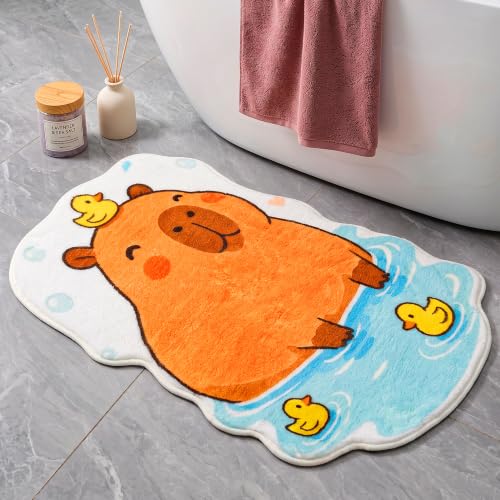 J-Capybara Bathroom Mat, Cute Plush Animal Rug with Ducks, 20x31.5 Inches