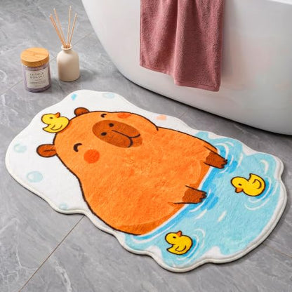 J-Capybara Bathroom Mat, Cute Plush Animal Rug with Ducks, 20x31.5 Inches