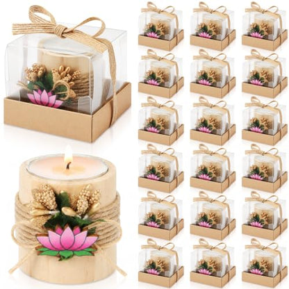 10 Sets Indian Return Gifts for Pooja Lotus Wood Tealight Candle Holders - Jute & Gold Accent